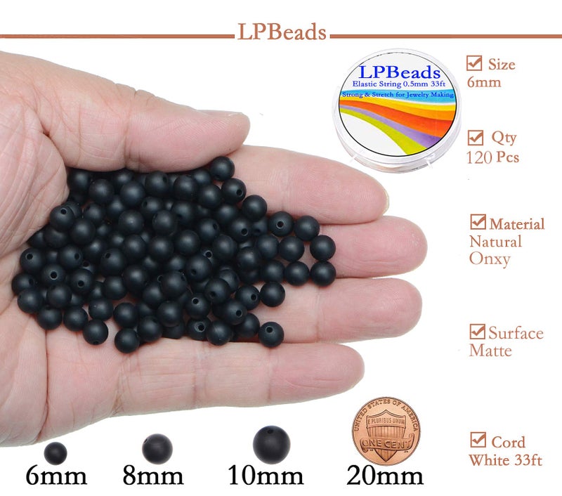 LPBeads 6 مللي متر الطبيعية ماتي الأسود الجزع الأحجار الكريمة الجولة متجمد 120 قطعة السائبة فضفاض الخرز لصنع المجوهرات سوار مع تمتد الديكور الحبل LPBeads - Image 2